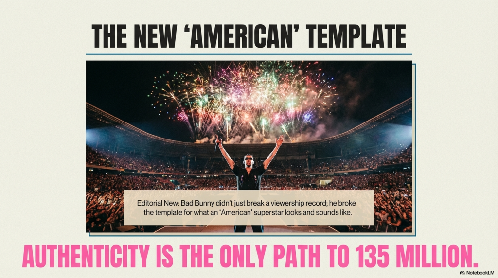 Bad Bunny standing with arms raised on stage at Levi's Stadium with fireworks and a packed crowd illustrating the new American template for cultural authenticity