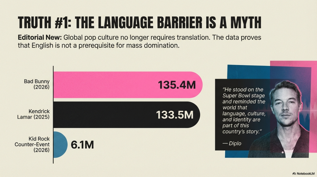 Bad Bunny halftime show viewership chart comparing 135.4 million viewers in 2026 to Kendrick Lamar's 133.5 million in 2025 and Kid Rock's counter-event at 6.1 million with a quote from Diplo