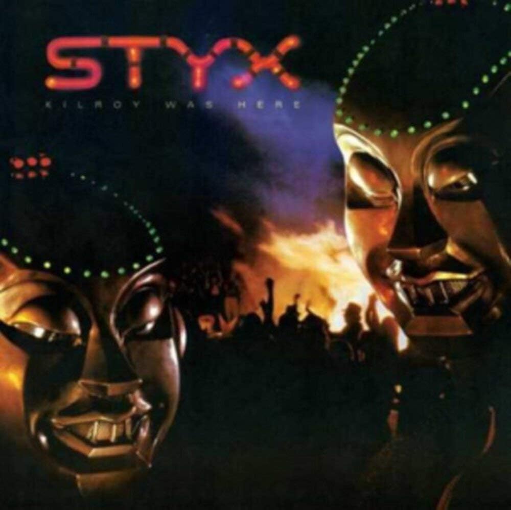 The iconic futuristic mask from the kilroy was here styx album cover.