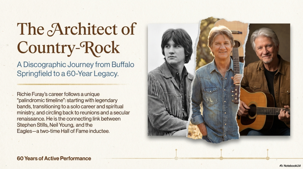Here you go, Charlie:
Alt Text:
Richie Furay albums – The Architect of Country-Rock graphic featuring three photos of Richie Furay from his Buffalo Springfield era to present day, highlighting his 60-year discographic journey.