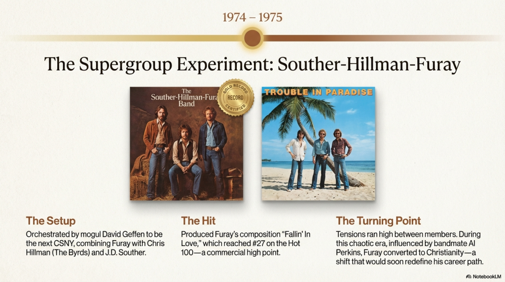 The Souther-Hillman-Furay Band (1974–1975) graphic displaying both album covers — the gold-certified self-titled debut and Trouble in Paradise — from this country-rock supergroup experiment.
