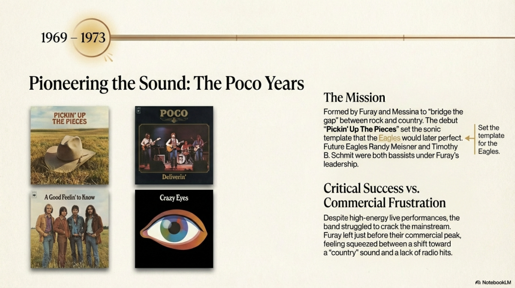 The Poco Era (1969–1973) graphic displaying four Poco album covers — Pickin' Up the Pieces, Deliverin', A Good Feelin' to Know, and Crazy Eyes — from Richie Furay's pioneering country-rock years.