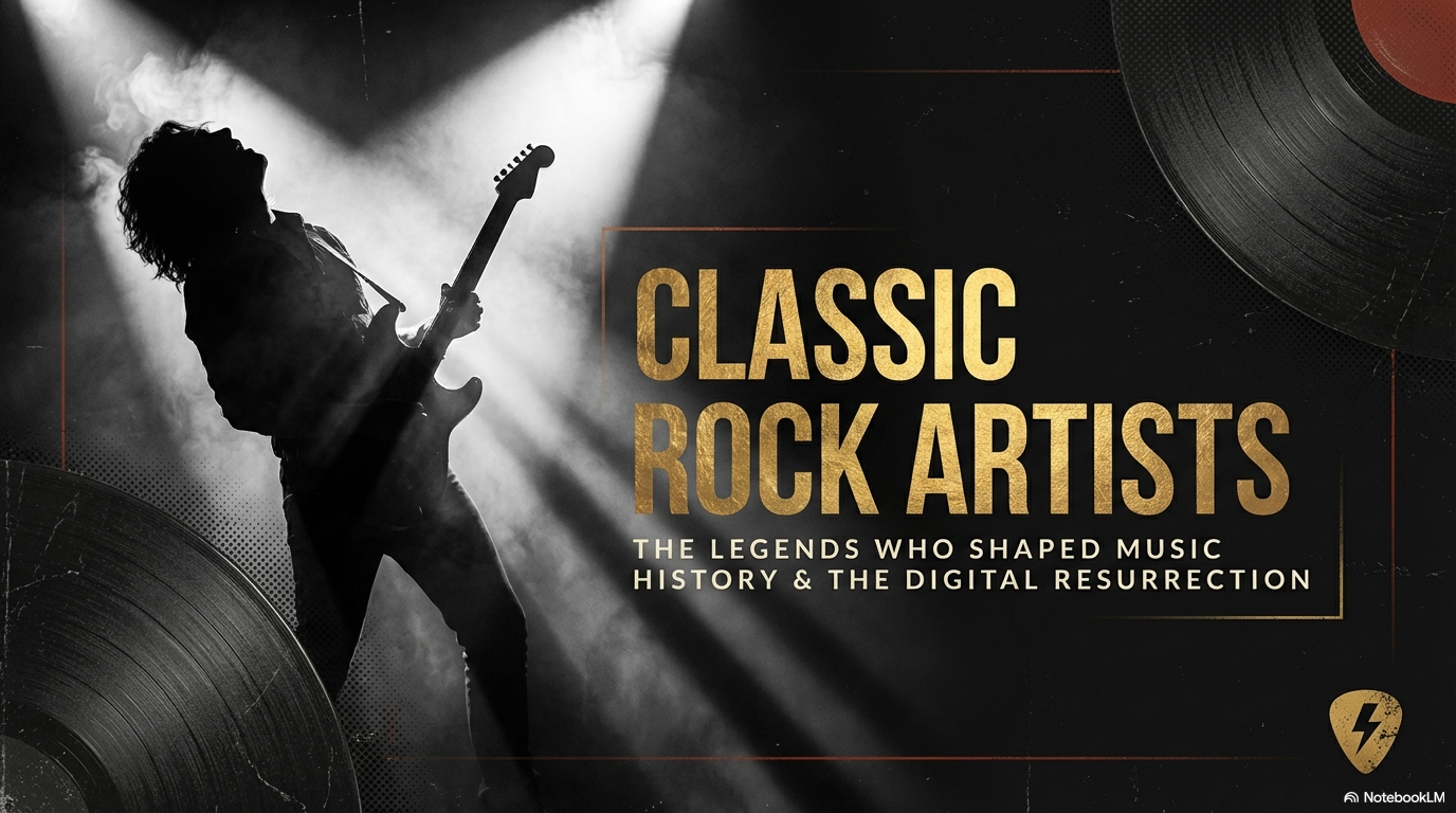 Classic rock artists title slide featuring guitarist silhouette with vinyl records and gold typography