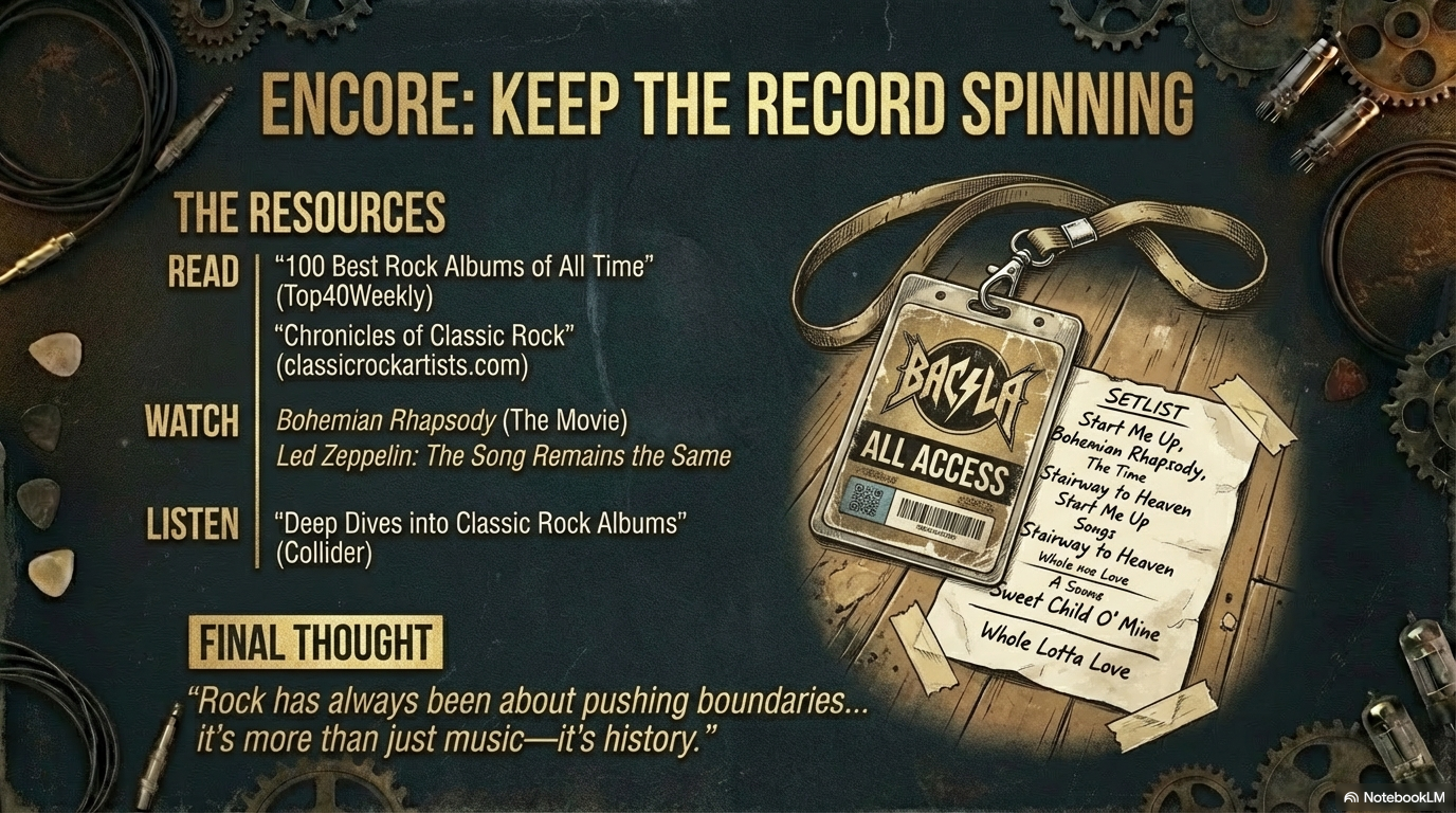 Classic rock resources including backstage pass, setlist, guitar picks, and recommended reading, watching, and listening guides