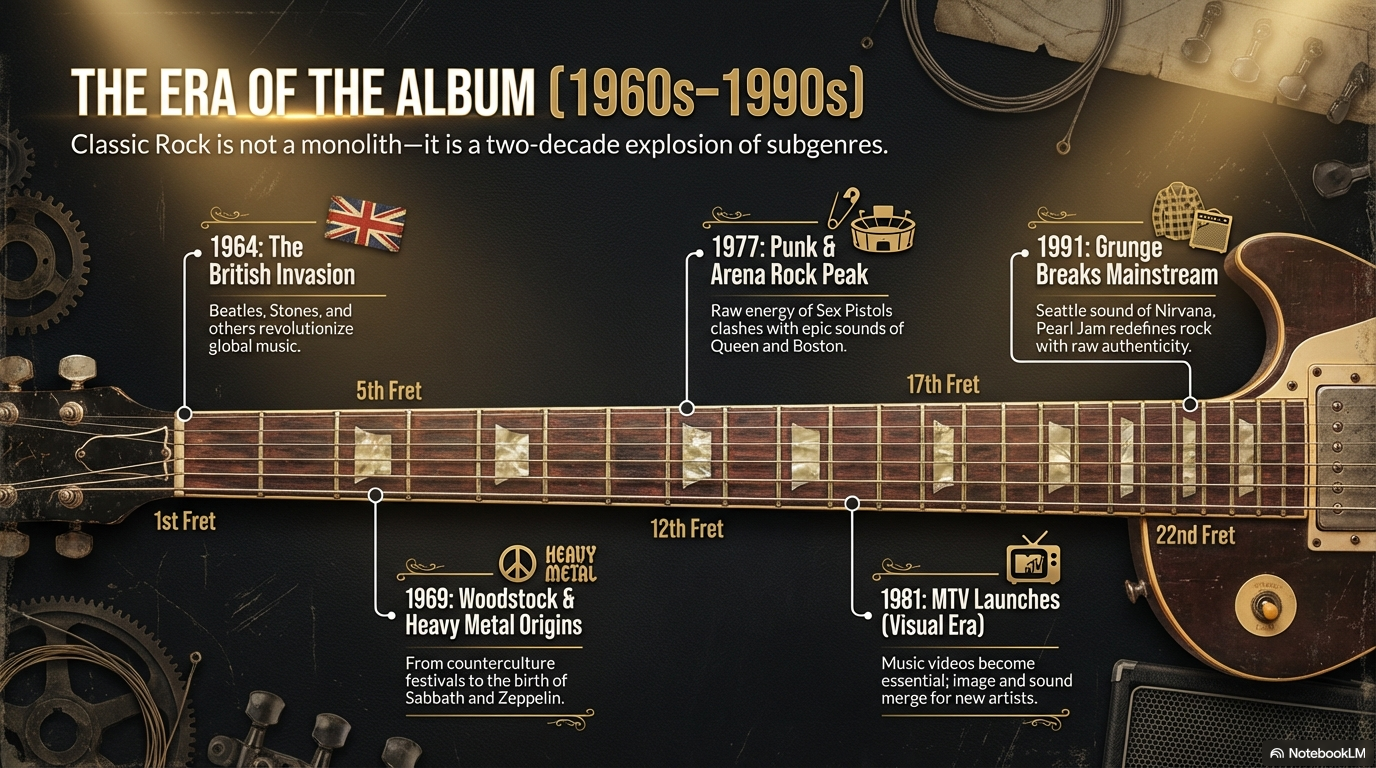 Timeline showing the era of the album from 1960s to 1990s with British Invasion, Woodstock, punk rock, MTV and grunge milestones