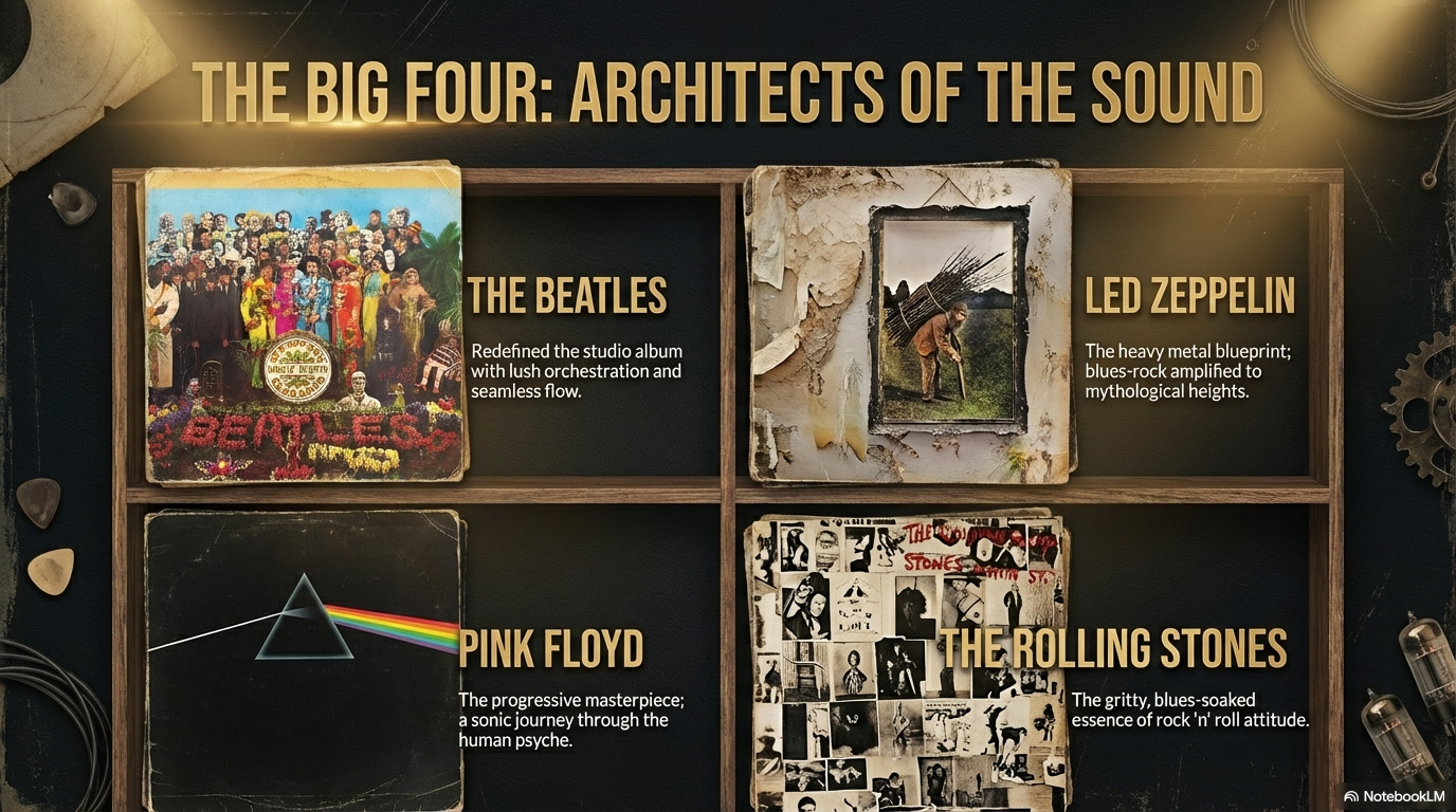 The Big Four classic rock artists featuring album covers of The Beatles Sgt Peppers, Led Zeppelin IV, Pink Floyd Dark Side of the Moon, and Rolling Stones Exile on Main St