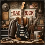 Dad rock vintage guitar and memorabilia representing classic rock artists from the 1960s through 1990s era