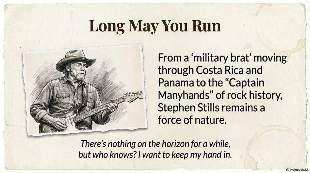 Alt Text:
Stephen Stills illustration as an older musician playing electric guitar with the heading Long May You Run highlighting his journey from military brat to Captain Manyhands of rock history