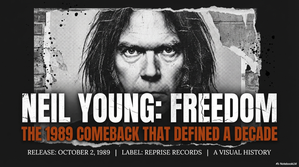 Neil Young Freedom album cover artwork featuring black and white portrait with release date October 2 1989 and Reprise Records label information
