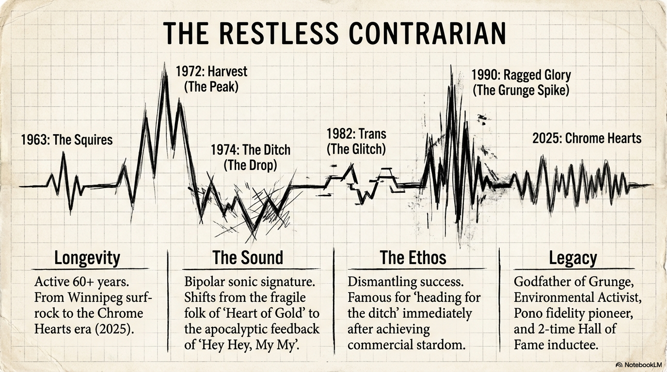 Neil Young career timeline waveform graphic titled The Restless Contrarian charting key milestones from 1963 Squires through 1972 Harvest peak to 2025 Chrome Hearts era