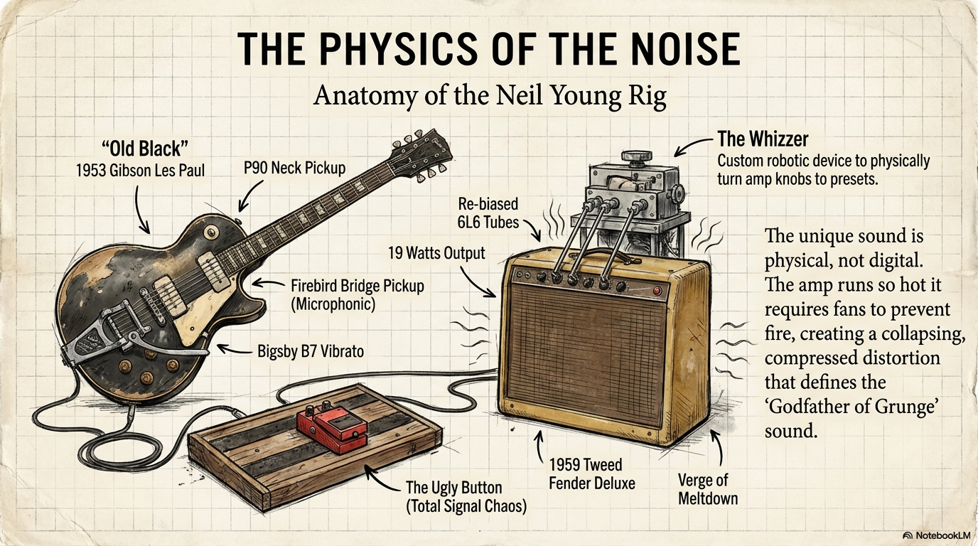 Old Black 1953 Gibson Les Paul, 1959 Tweed Fender Deluxe amp, The Whizzer robotic device, and Ugly Button pedal