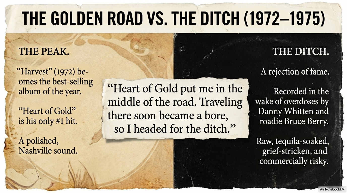 The Golden Road vs. The Ditch (1972-1975) showing Neil Young's artistic pivot from commercial success to challenging material