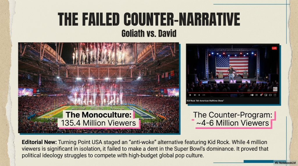 Side by side comparison of the Super Bowl LX halftime show at Levi's Stadium with 135.4 million viewers versus the Kid Rock All-American Halftime Show counter-event with 4 to 6 million viewers.