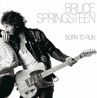 Bruce Springsteen Born to Run album cover featuring Bruce Springsteen Thunder Road with iconic black and white guitar portrait.