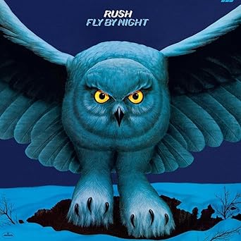 Rush Fly by Night album cover featuring Rush Fly by Night with snowy owl in flight over winter landscape artwork.