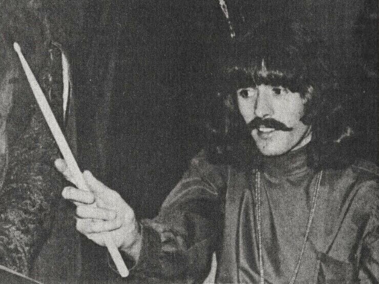 Spencer Dryden of Jefferson Airplane holding a drumstick, 1968